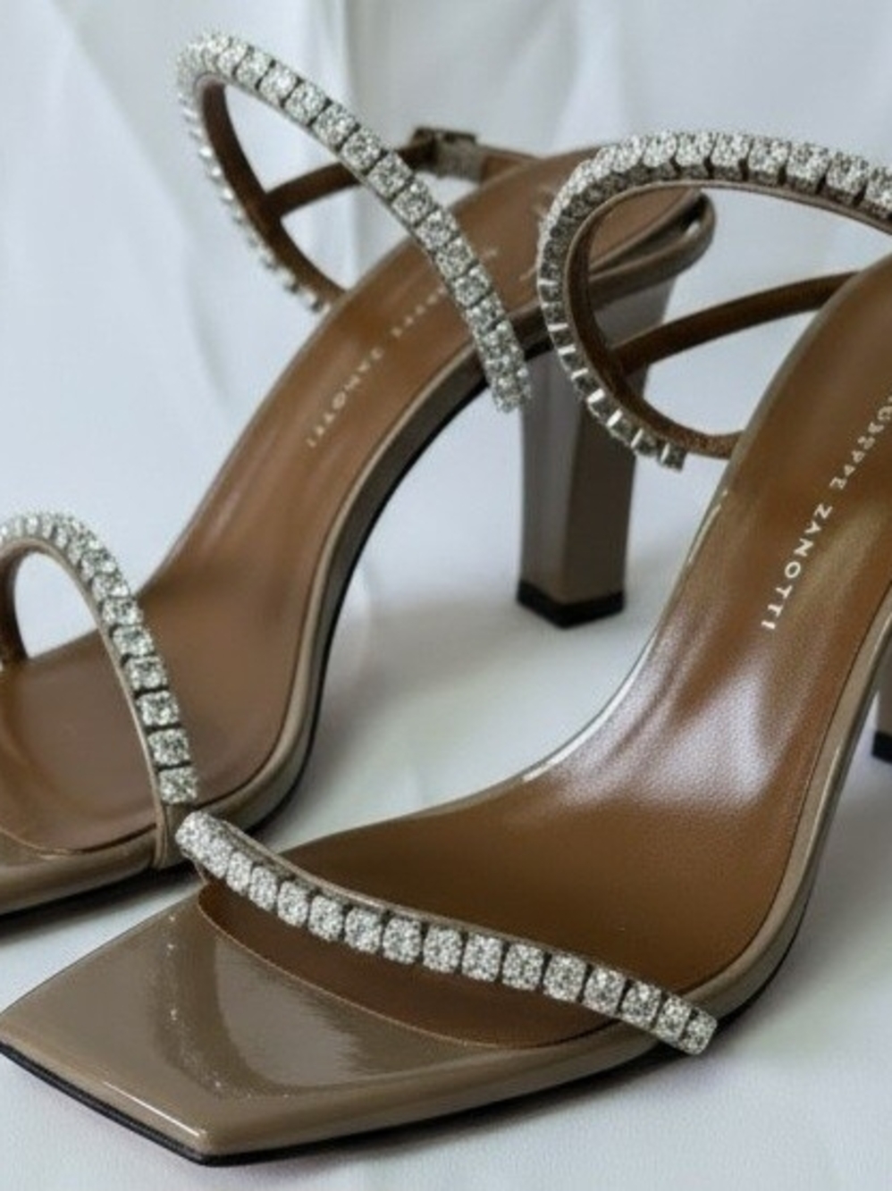 Giuseppe Zanotti Brown Patent Heeled Sandals with Crystal Straps